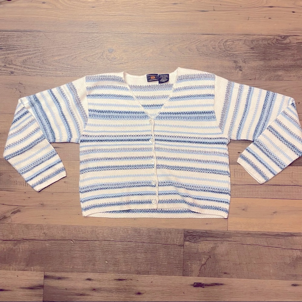 Very nice route 66 button up cardigan white and blue striped size large.